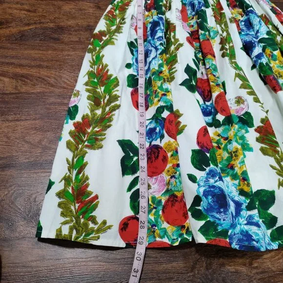 Bianca High Waisted Prairie Floral Twee Pleated A-Line Midi Skirt Multicolor M